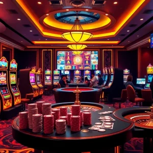 Experience thrilling gameplay with Slot Online Terpercaya in a luxurious casino setting filled with vibrant slot machines.