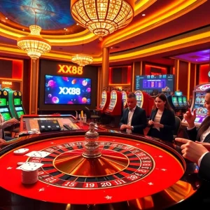 Experience the thrill of XX88 at an exciting roulette table in a luxurious casino setting.
