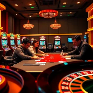 Exciting casino scene highlighting thabet77.sa.com with poker players, spinning roulette, and colorful slot machines.