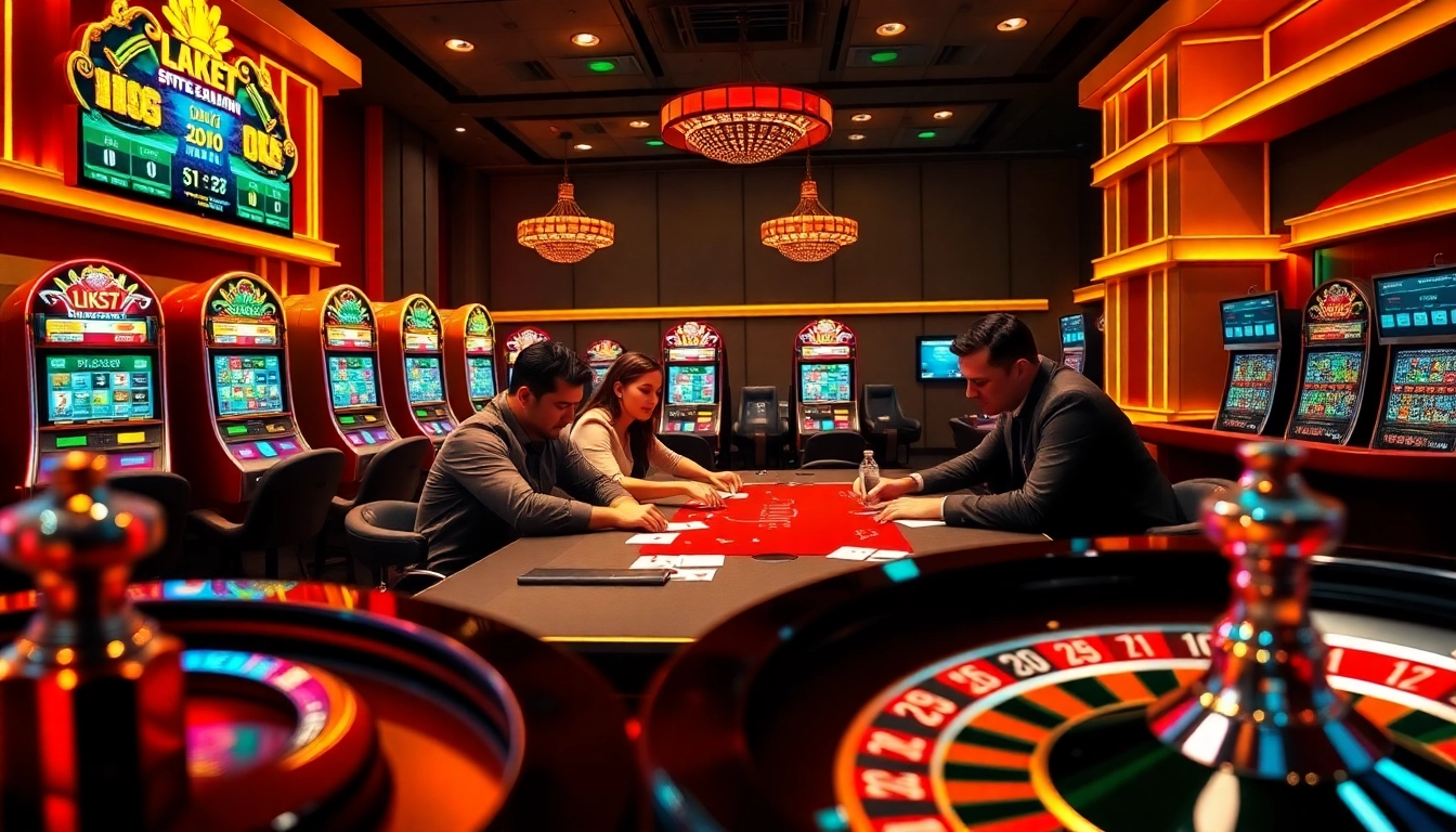 Exciting casino scene highlighting thabet77.sa.com with poker players, spinning roulette, and colorful slot machines.
