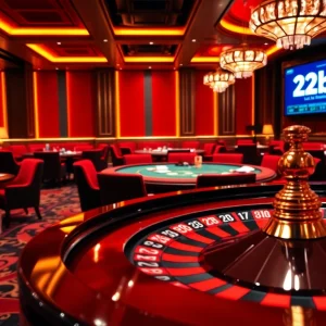 Experience the excitement of 12bet with vibrant casino tables filled with chips and a spinning roulette wheel.