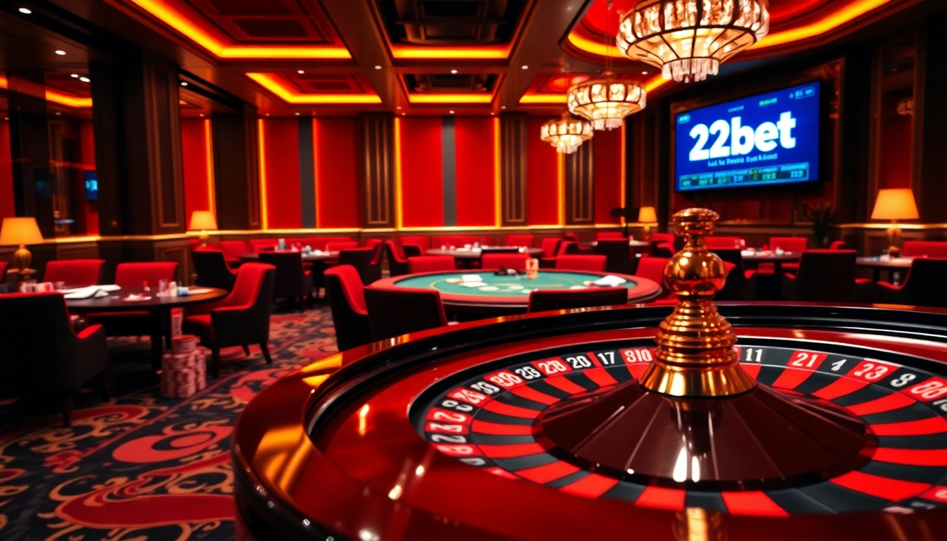 Experience the excitement of 12bet with vibrant casino tables filled with chips and a spinning roulette wheel.
