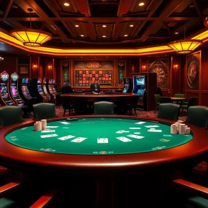 Engage in thrilling games at ingat bola88 with poker tables, vibrant slot machines, and elegant casino decor.