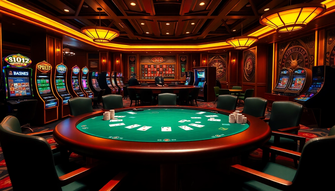 Engage in thrilling games at ingat bola88 with poker tables, vibrant slot machines, and elegant casino decor.