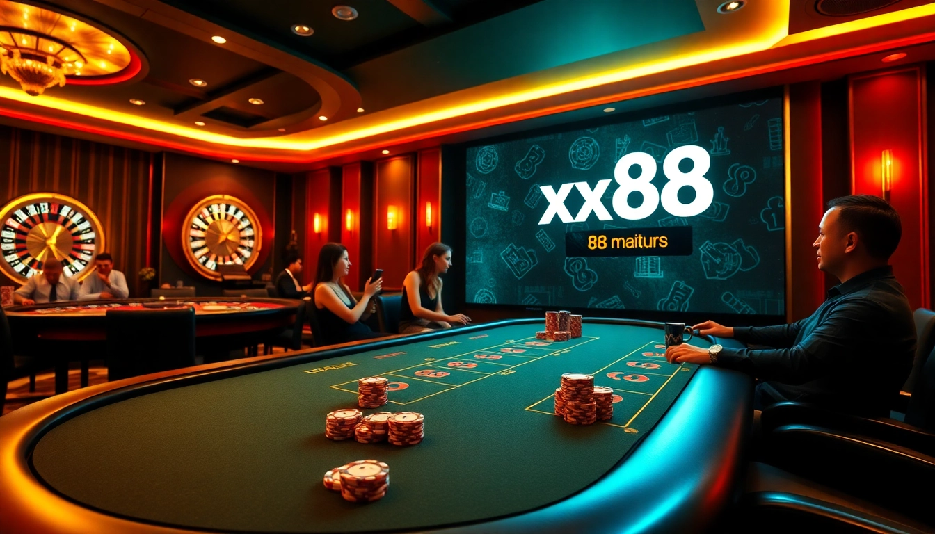 Players strategizing at a luxurious poker table with xx88 branding, capturing the thrill of gambling.