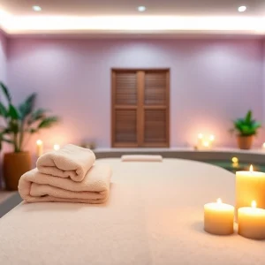 Spa Ads showcasing a tranquil treatment room with a massage table, candles, and plants in relaxing colors.