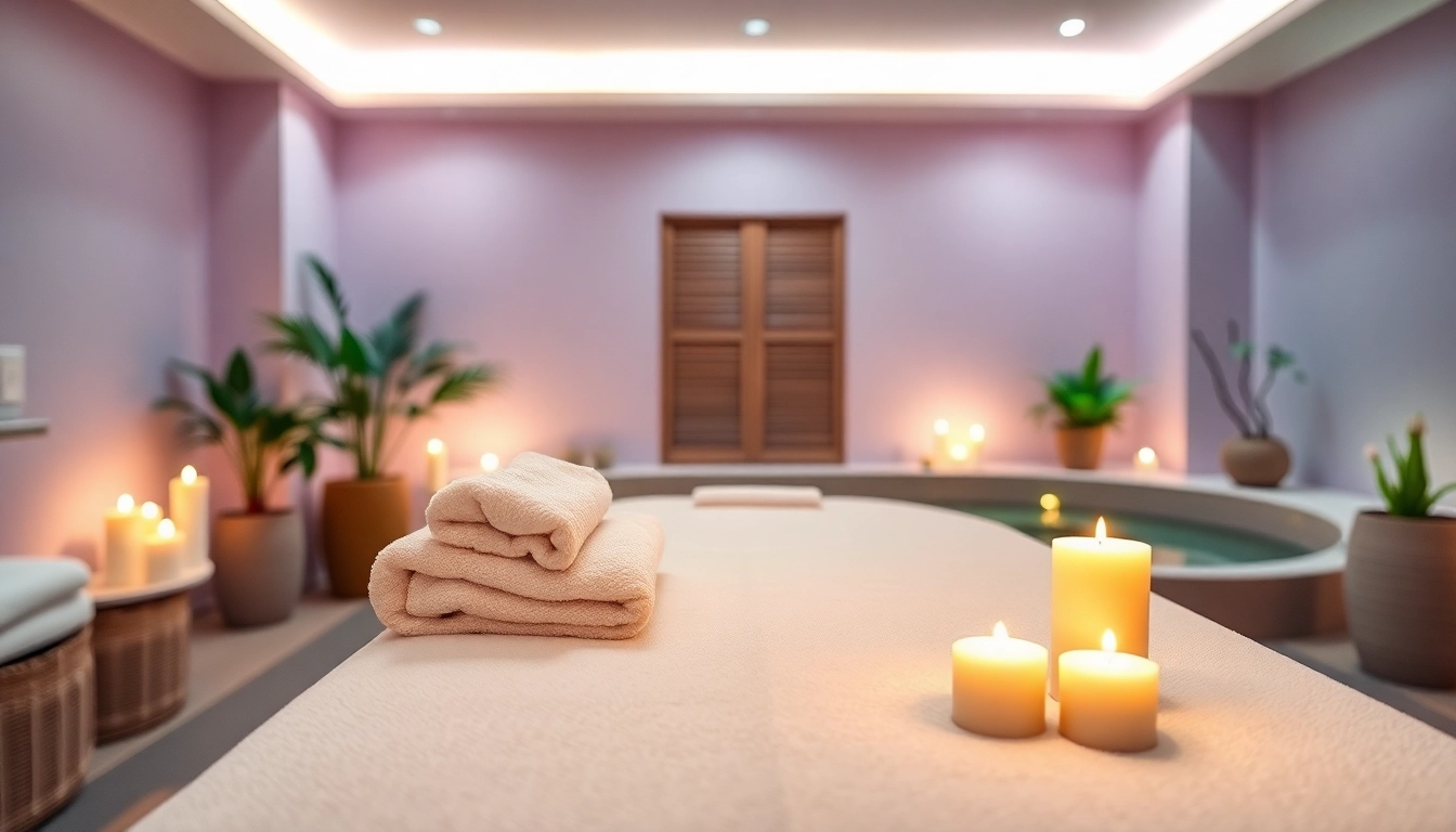 Spa Ads showcasing a tranquil treatment room with a massage table, candles, and plants in relaxing colors.