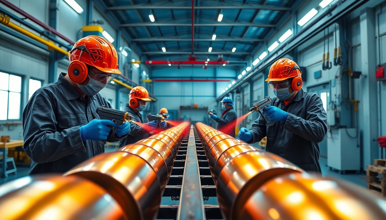 Powder coating Malaysia facility showcasing professionals applying vibrant coatings on metal parts.