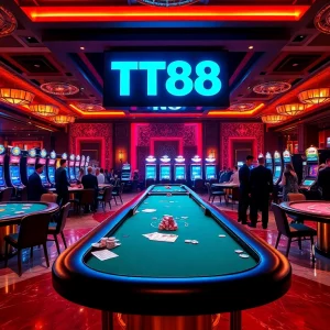 Experience thrilling gaming action at TT88’s luxurious casino tables, featuring vibrant slot machines and excited players.