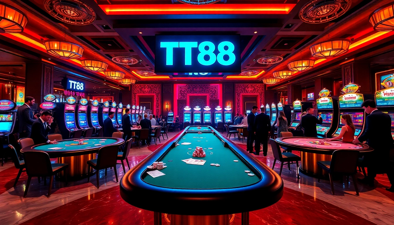 Experience thrilling gaming action at TT88’s luxurious casino tables, featuring vibrant slot machines and excited players.