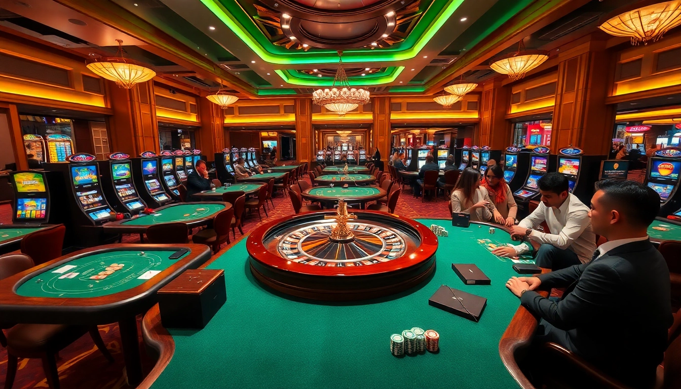 Players engaging in thrilling games at the MM88 casino atmosphere, featuring roulette wheels and poker chips.