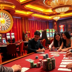 Experience the thrill of winning on Trang Chủ BJ88 with engaging casino tables and vibrant poker chips.