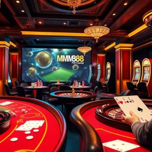 Experience the thrill of betting at MM88 online casino with poker tables and vibrant slot machines.