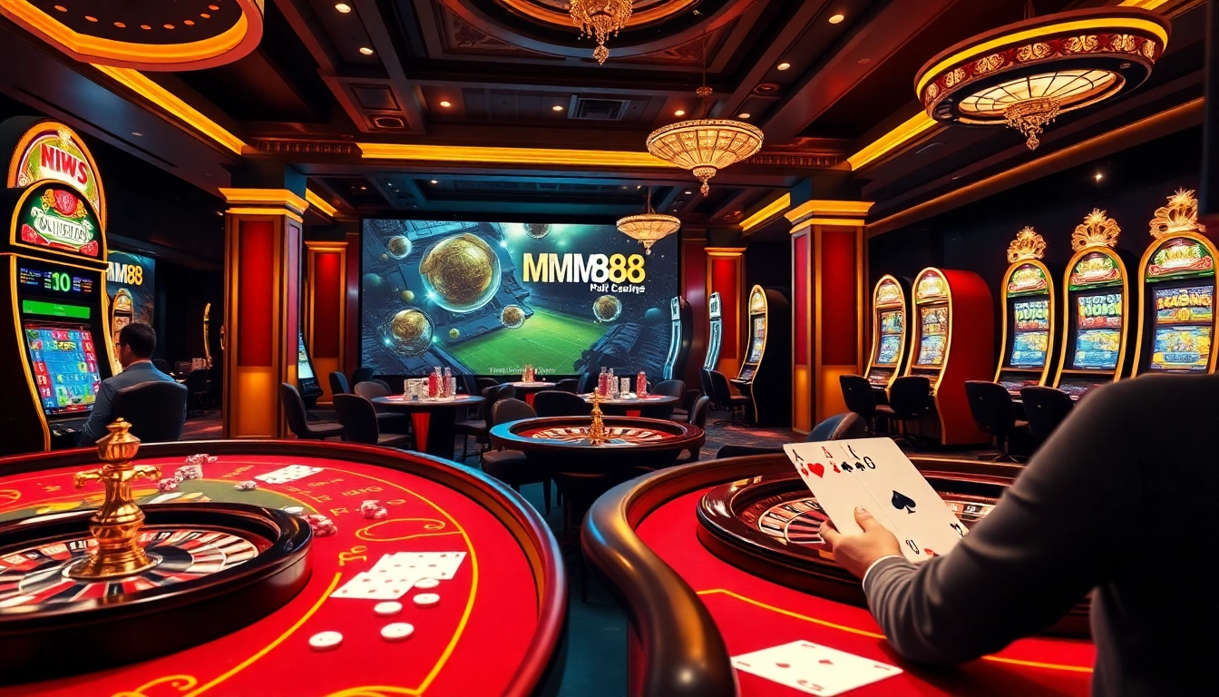 Experience the thrill of betting at MM88 online casino with poker tables and vibrant slot machines.