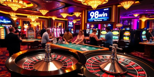 Experience the thrill of betting at 98win's exciting casino games with vibrant slot machines and roulette.