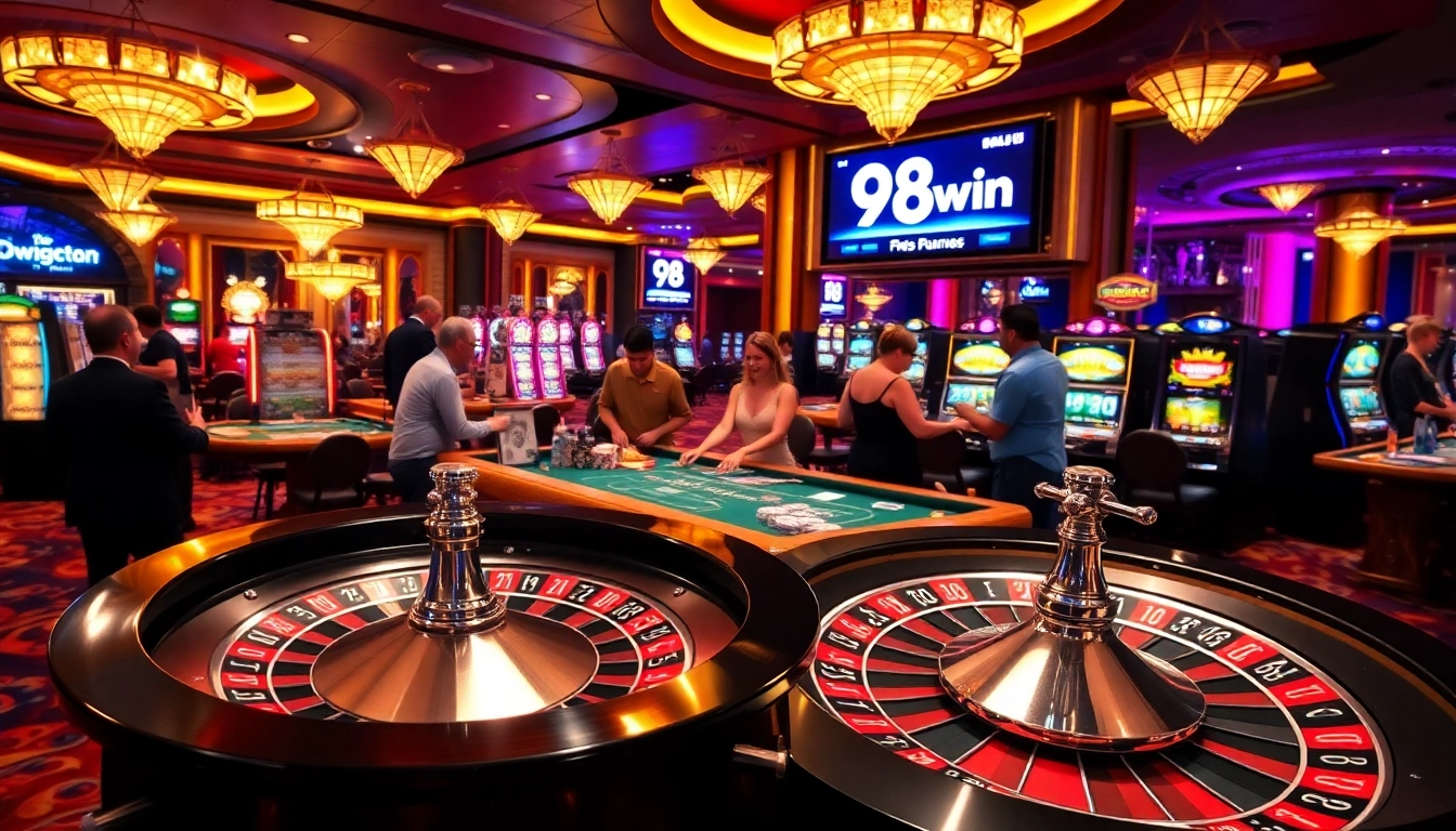 Experience the thrill of betting at 98win's exciting casino games with vibrant slot machines and roulette.