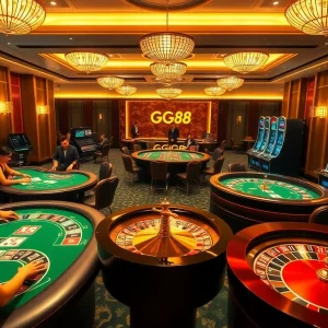 Experience the excitement of online gambling at GG88 with luxurious casino tables and vibrant slot machines.