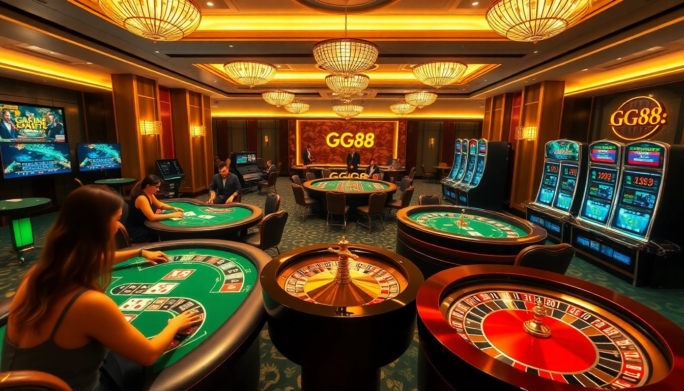 Experience the excitement of online gambling at GG88 with luxurious casino tables and vibrant slot machines.