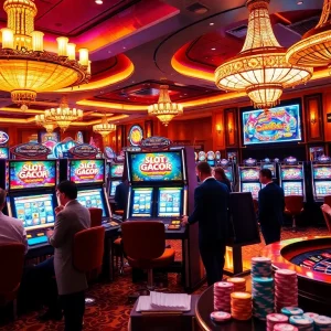 Engaged player enjoys winning at Slot Gacor online slot machines with vibrant casino ambiance.