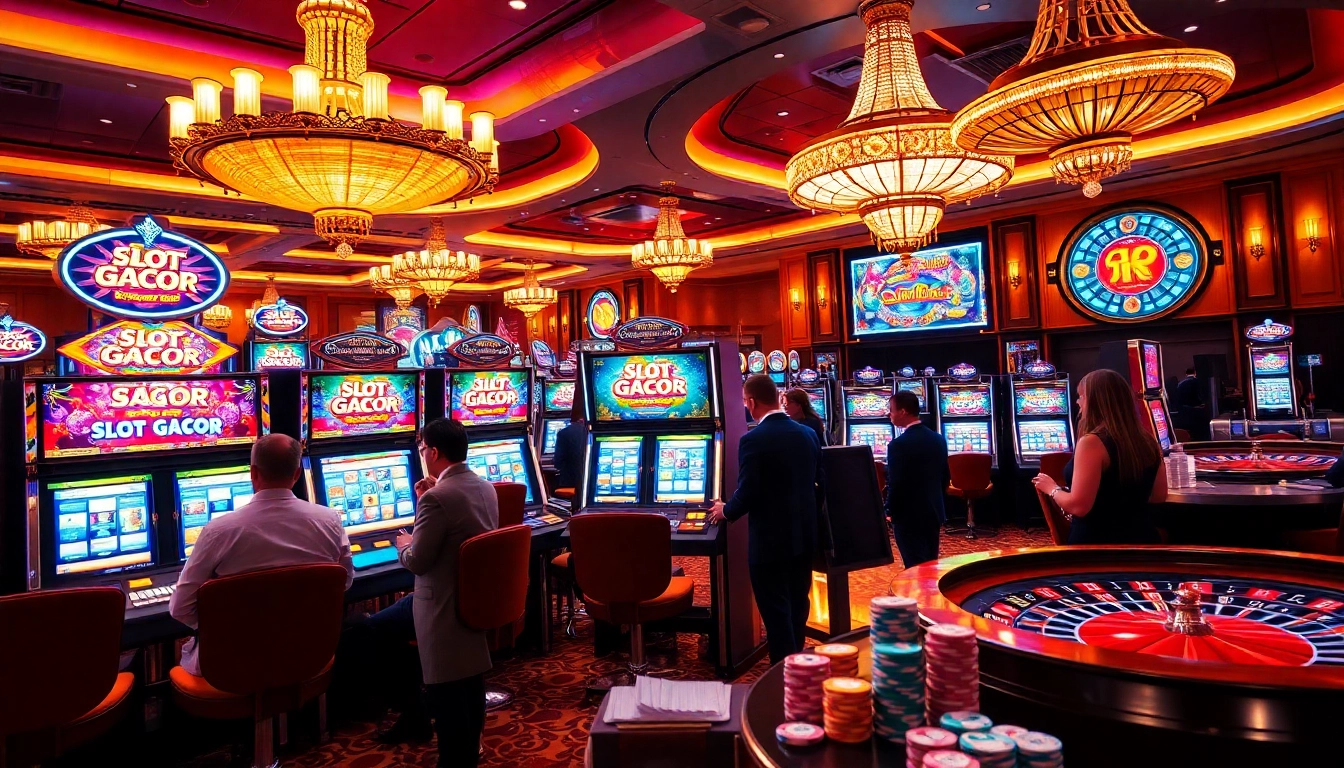 Engaged player enjoys winning at Slot Gacor online slot machines with vibrant casino ambiance.