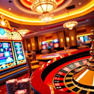 Players enjoying a thrilling experience at Situs Slot Gacor with vibrant slot machines and casino tables.