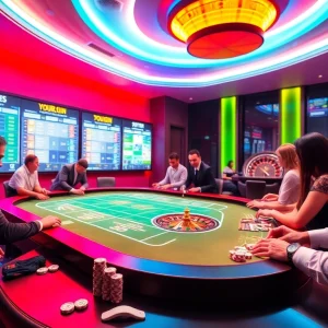 Players engaging in sports betting at a luxurious casino table, with 7mcn scores displayed on screens.