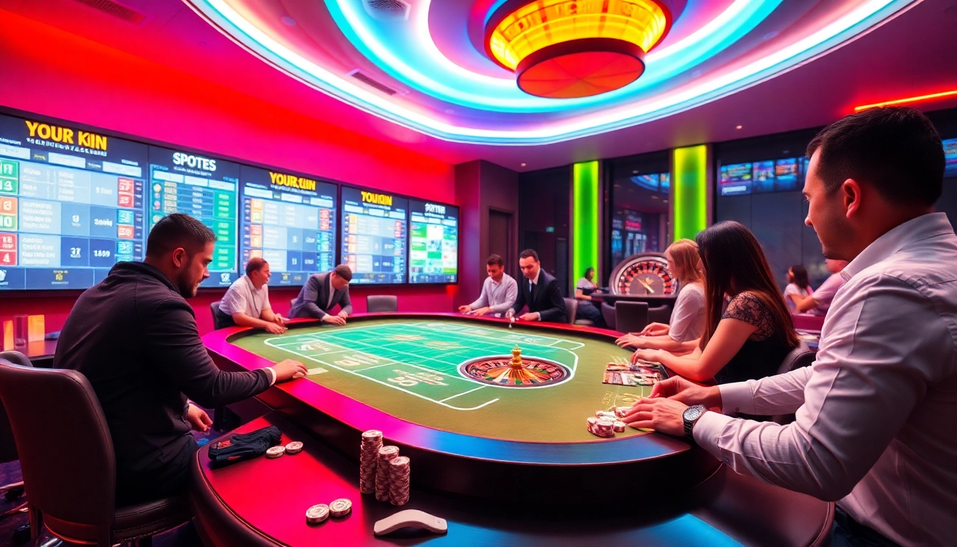 Players engaging in sports betting at a luxurious casino table, with 7mcn scores displayed on screens.