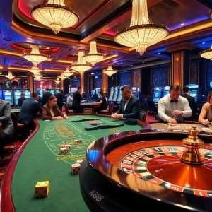 RR88 players enjoying high-stakes gaming at a luxurious casino with roulette and card tables.