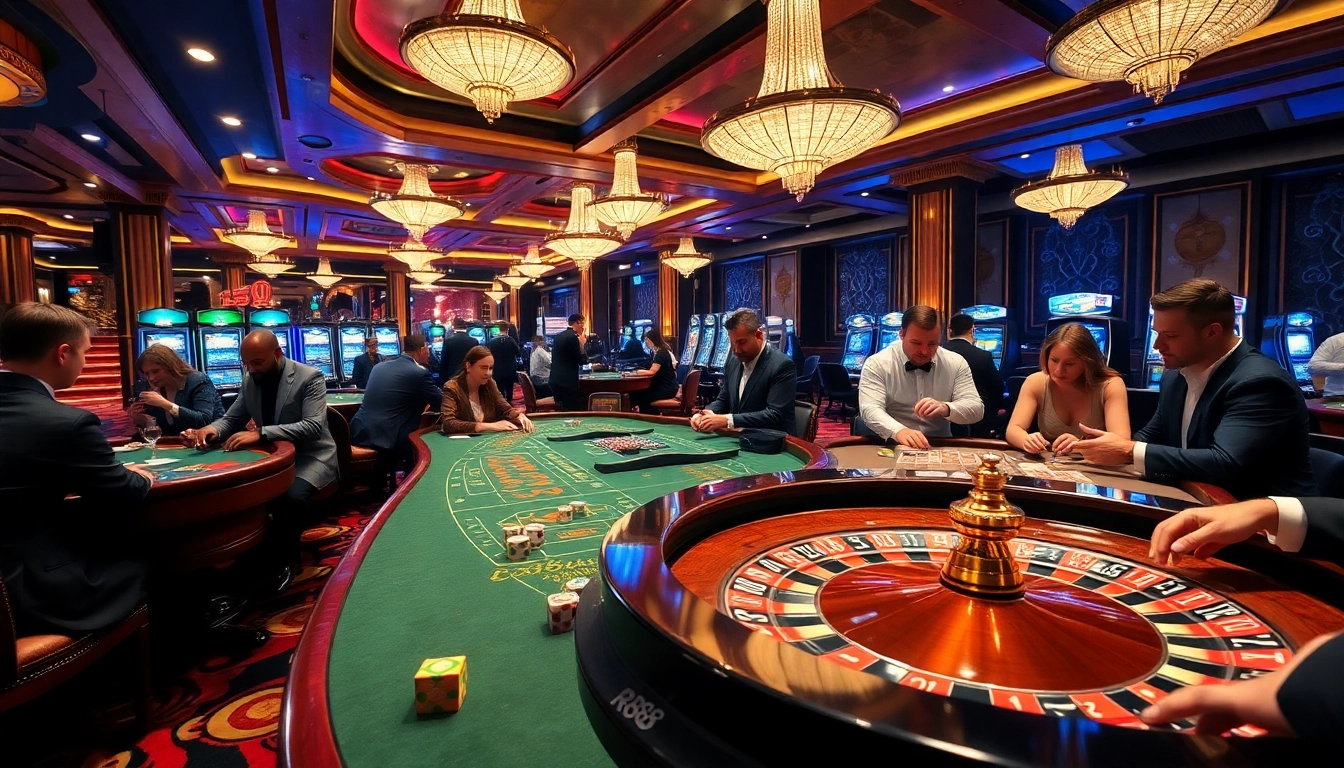 RR88 players enjoying high-stakes gaming at a luxurious casino with roulette and card tables.