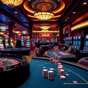 Hello88 casino scene with players enjoying roulette, poker, and slots.