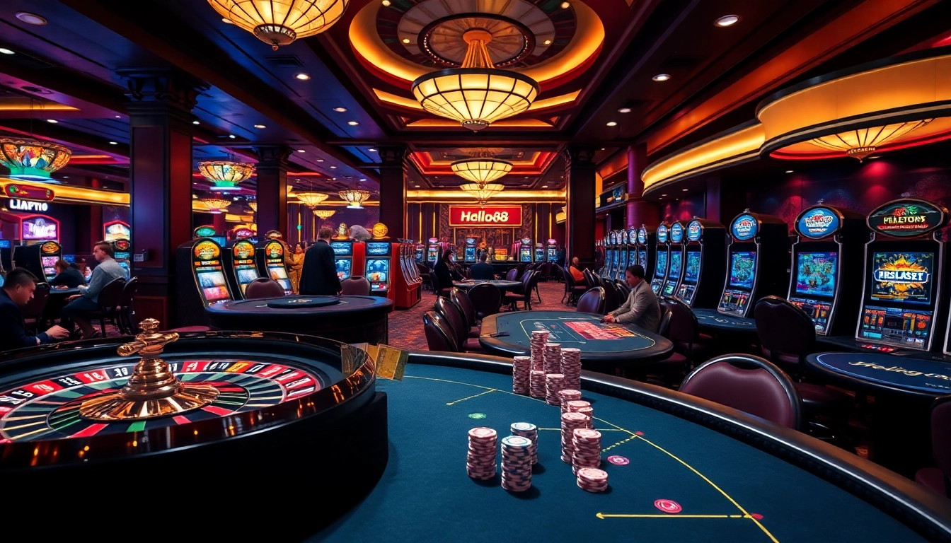 Hello88 casino scene with players enjoying roulette, poker, and slots.