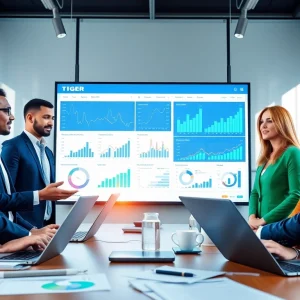 Business professionals collaborating on Logo Tiger Enterprise software for effective data management.