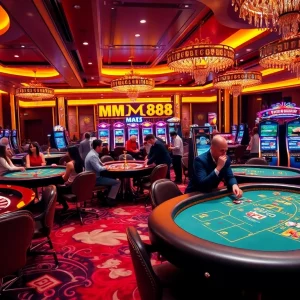Experience the thrill of gaming at MM88, showcasing vibrant casino tables and players in action.