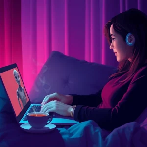 Engaging ai sex chat between a user and AI chatbot in a cozy setting.