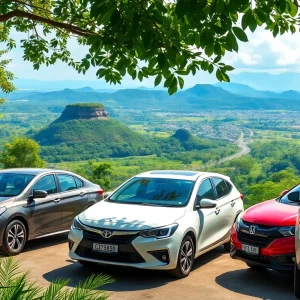 Car rental in Kuching Sarawak with diverse vehicles against a lush green backdrop.
