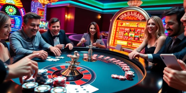 Experience the thrill of winning at https://vnew88.vip/ with an exciting casino scene featuring roulette tables.