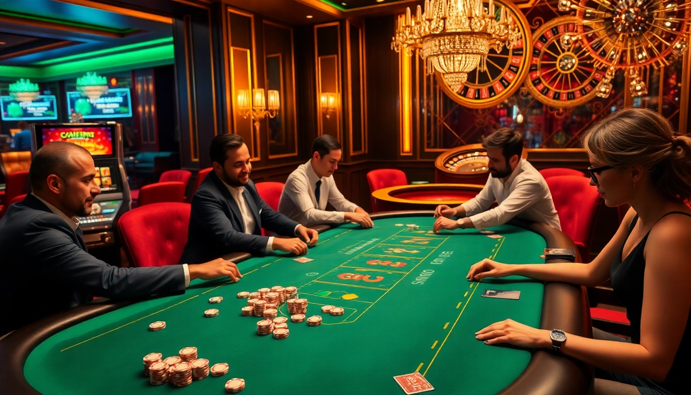 F168 casino scene with players enjoying poker and vibrant slot machines in a luxurious setting.