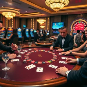 Players enjoying blackjack at a luxurious MM88 casino table with vibrant poker chips.