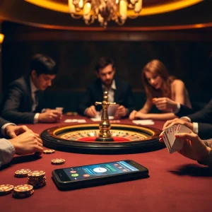 Players engaging in intense gambling with 소액결제 options visible on a smartphone.