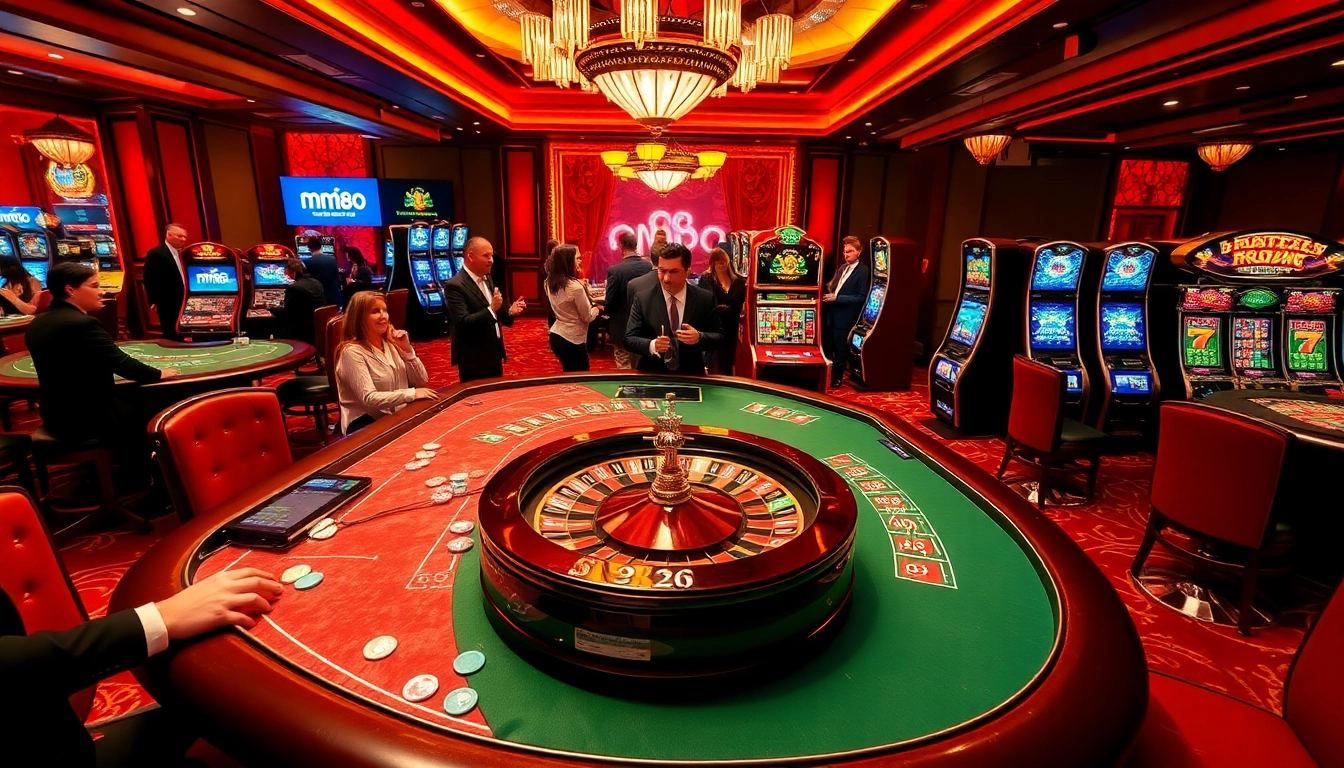 Engaged players at a luxurious gambling venue showcasing excitement from https://mm88.how/ with vibrant casino elements.