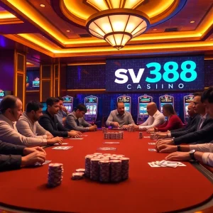 Experience the excitement of sv388 casino with players engaging at a luxurious poker table.