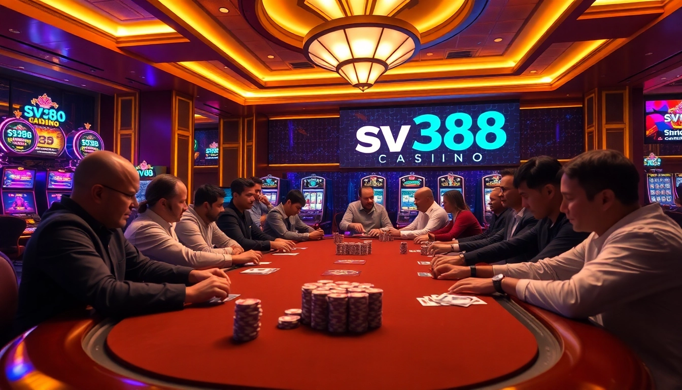 Experience the excitement of sv388 casino with players engaging at a luxurious poker table.