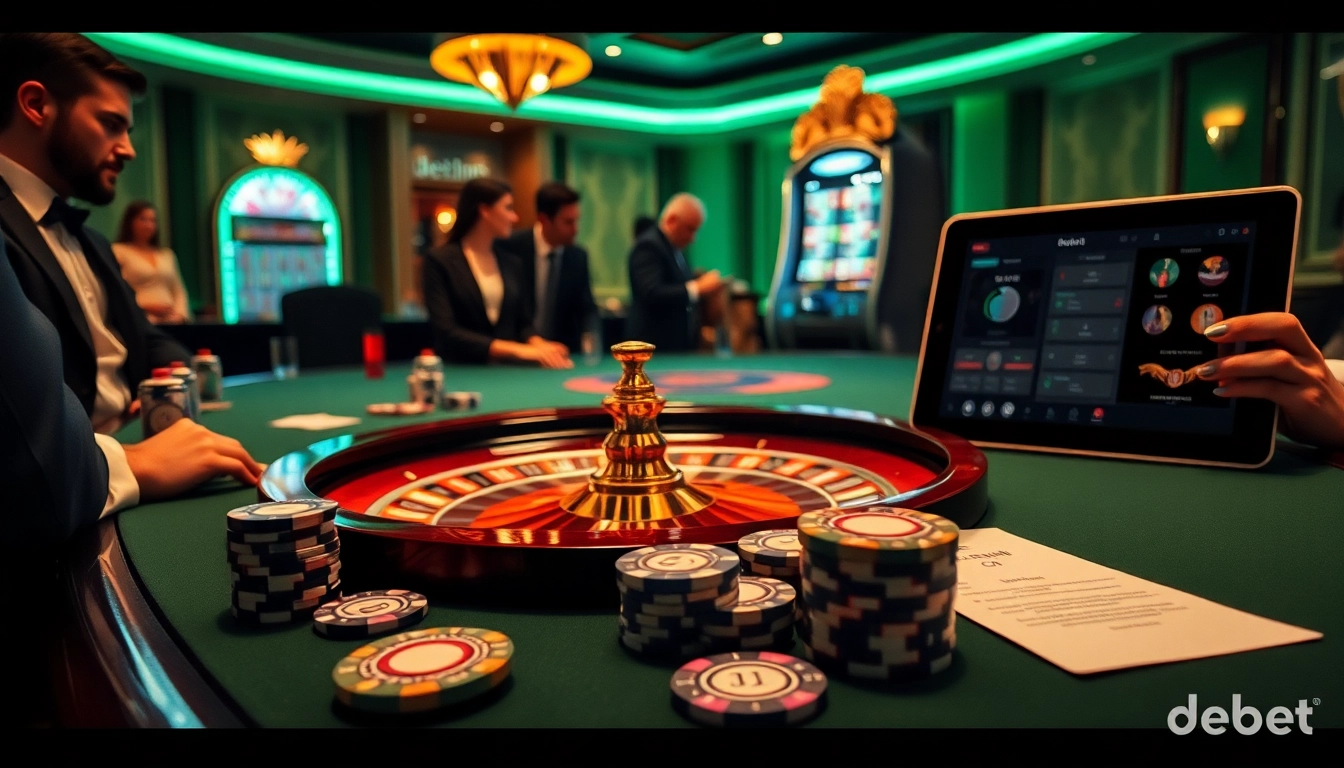A thrilling casino scene featuring luxurious gaming elements and debet betting interface, capturing high-stakes poker excitement.
