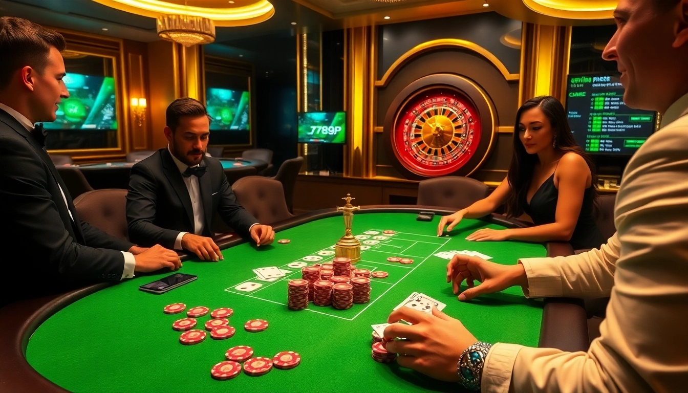 Players enjoying a thrilling poker game at a luxurious casino table featuring 789P betting elements.