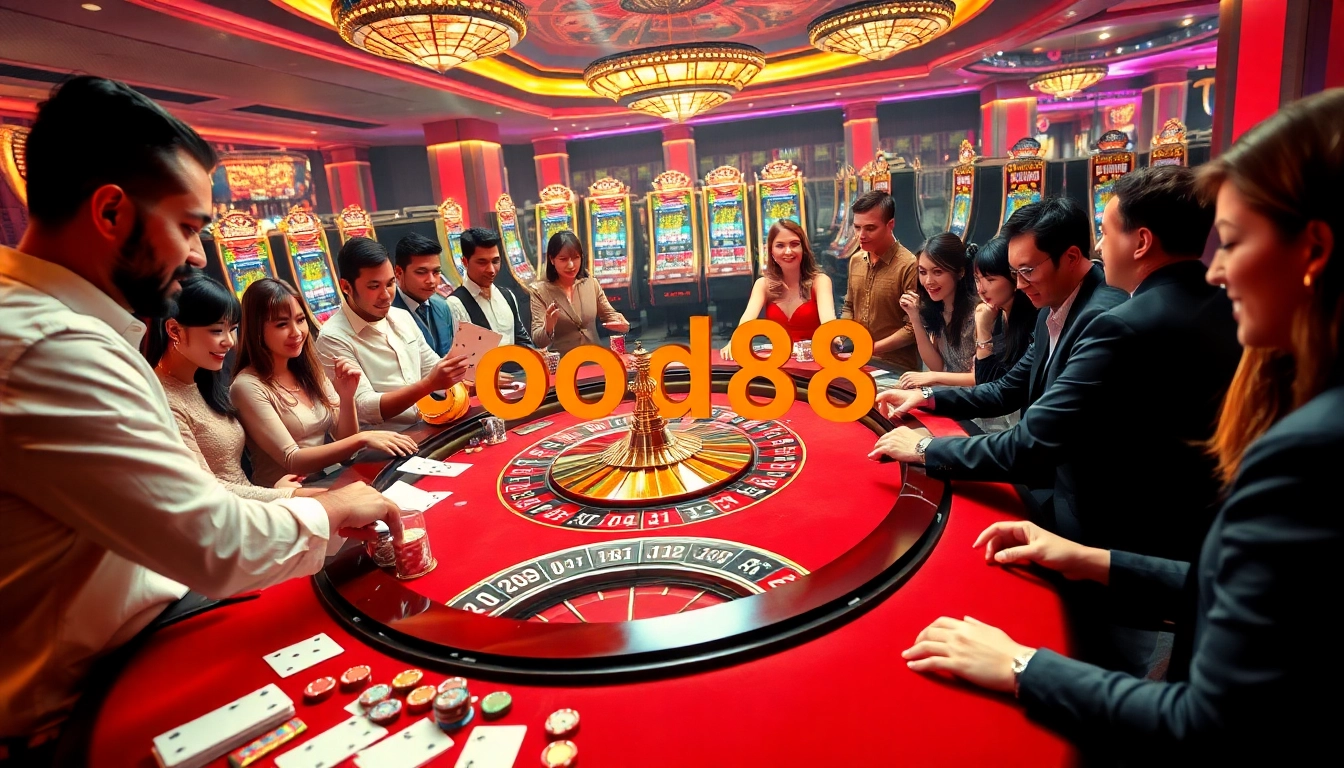 Players enjoying high-stakes roulette at good88 casino, surrounded by vibrant gaming action.