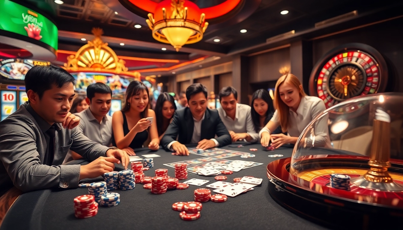 Engaging casino scene highlighting Nhà cái bet88 with vibrant poker chips and lively gamblers.