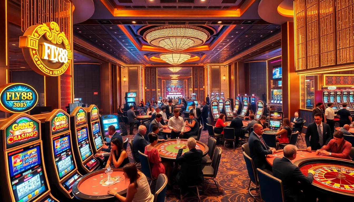 Excitement at FLY88 casino tables with players engaging in poker and roulette games.