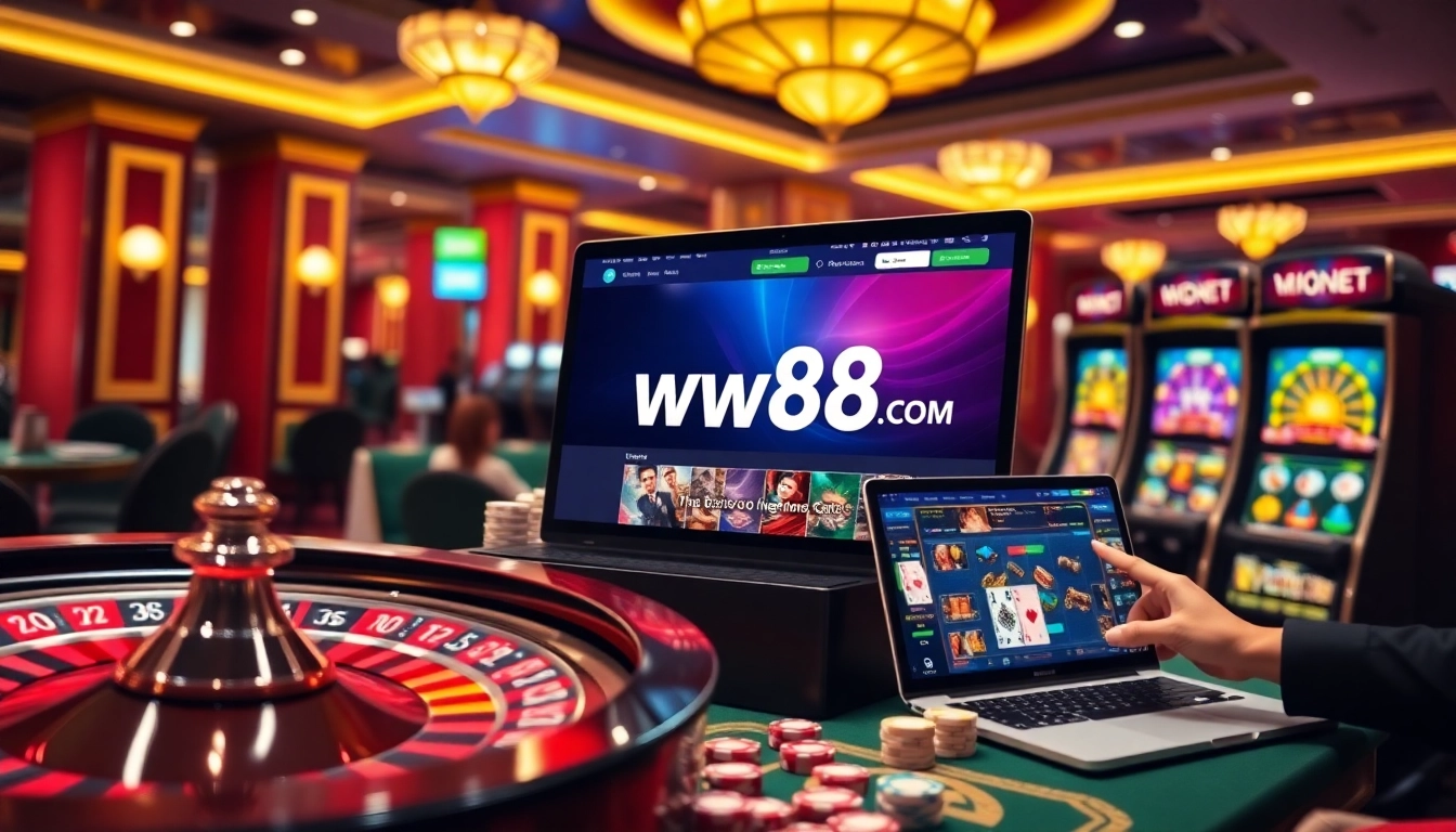 Experience online gaming thrills with ww88 com in a luxurious casino setting full of dice and slot machines.