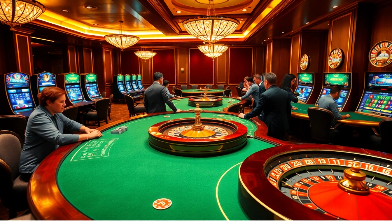 A vibrant casino scene at https://vua88h.com/ showcasing players at poker and roulette tables, filled with excitement and luxury.