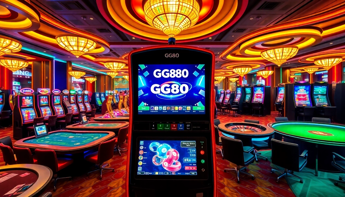 GG88 gaming machine surrounded by vibrant casino tables and players enjoying the thrill of gambling.